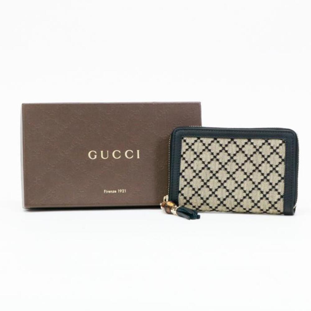 Gucci Diamante Bamboo Tassel Leather Wallet Zip Around Wallet Gray Black